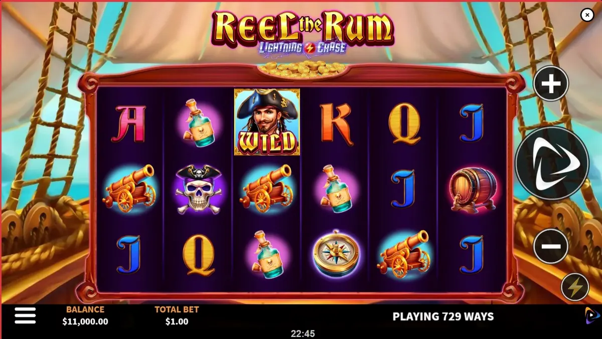 Tampilan layar utama slot Reel the Rum dengan tema bajak laut dan koin emas